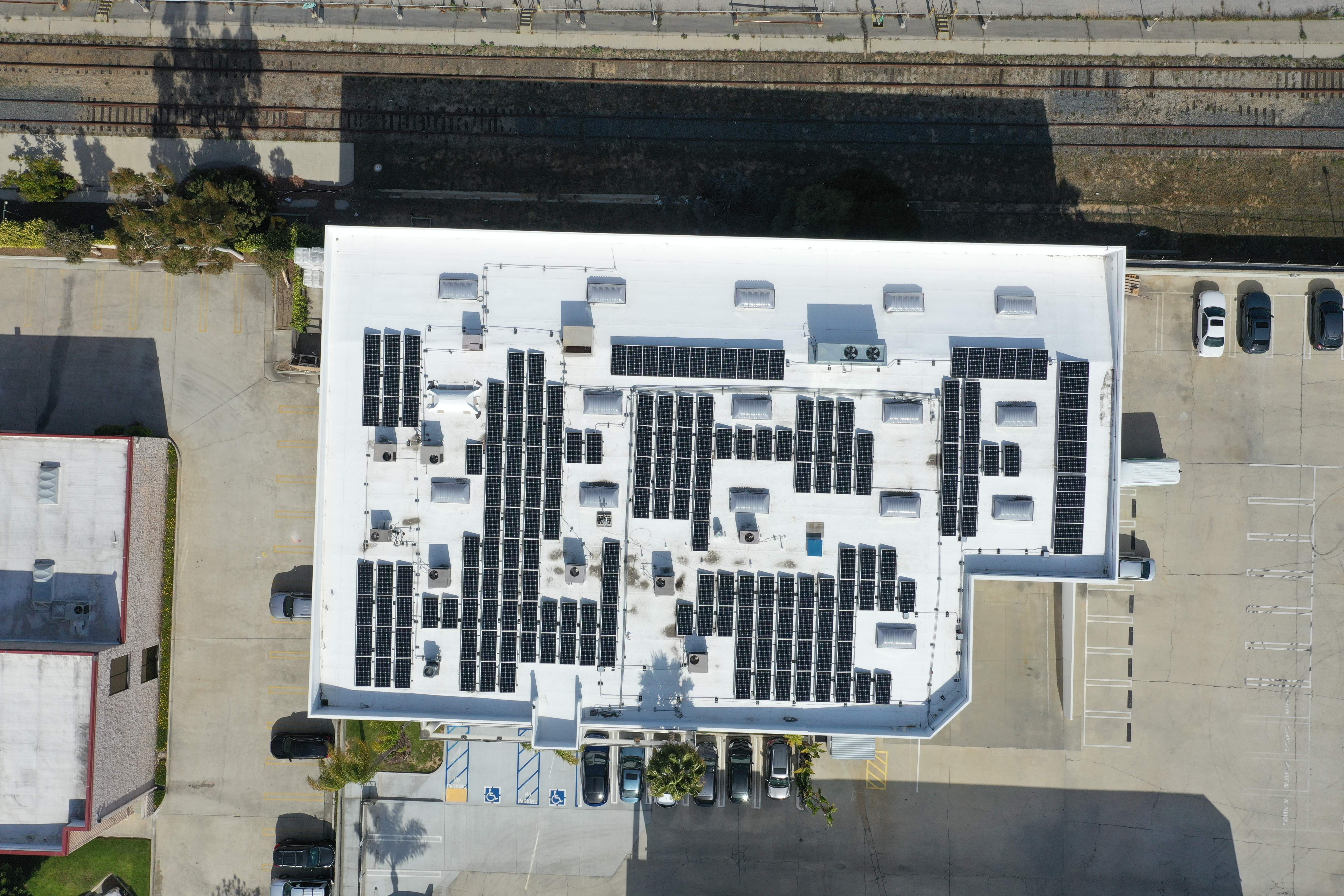 Ariel view of a rooftop solar system.